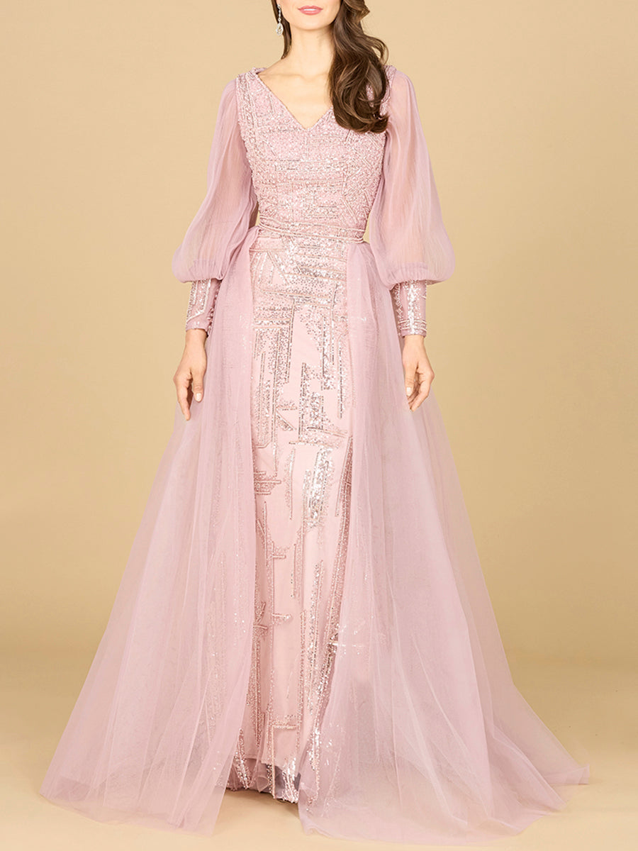 Long Sleeve Lace Gown with Removable Over Skirt