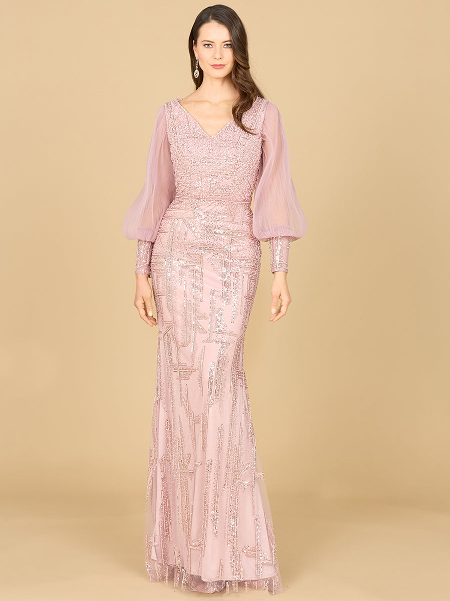 Long Sleeve Lace Gown with Removable Over Skirt