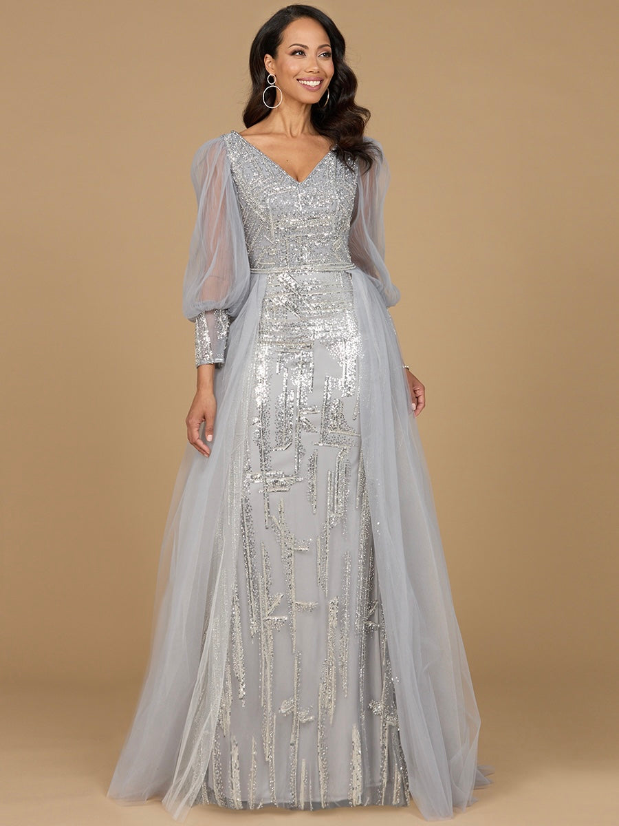 Long Sleeve Lace Gown with Removable Over Skirt