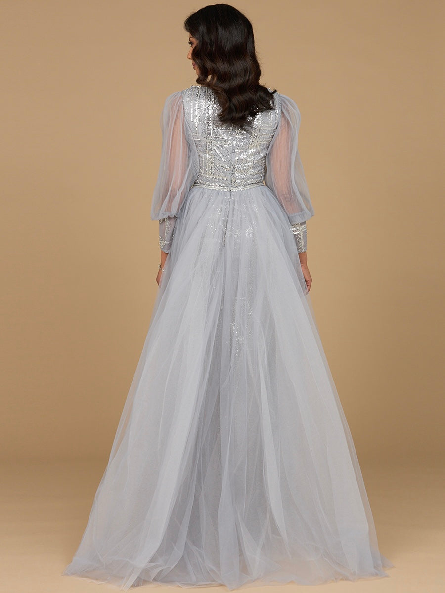 Long Sleeve Lace Gown with Removable Over Skirt