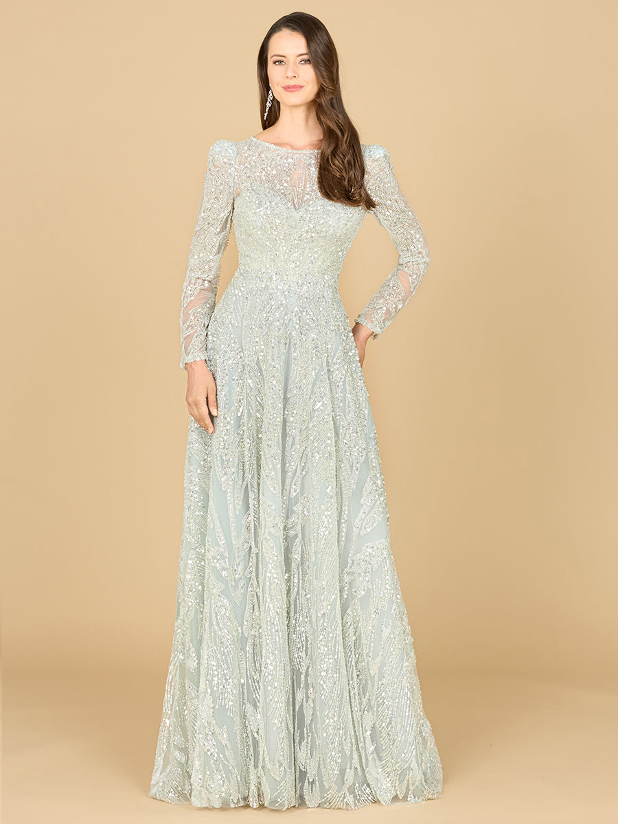 Long Sleeve Beaded Lace Gown