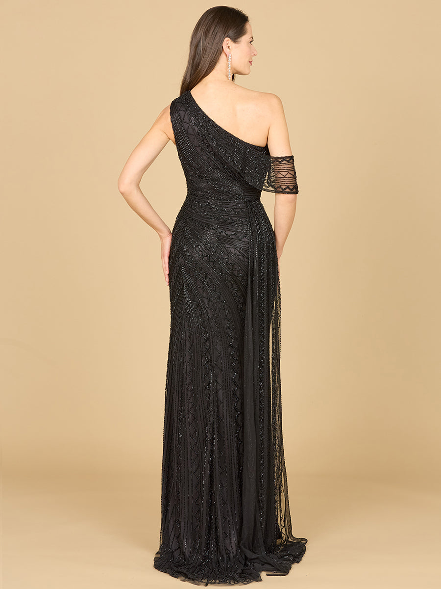 Beaded One Shoulder Dress with Train