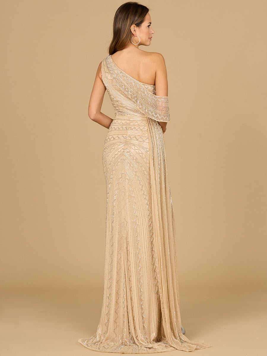 Beaded One Shoulder Dress with Train