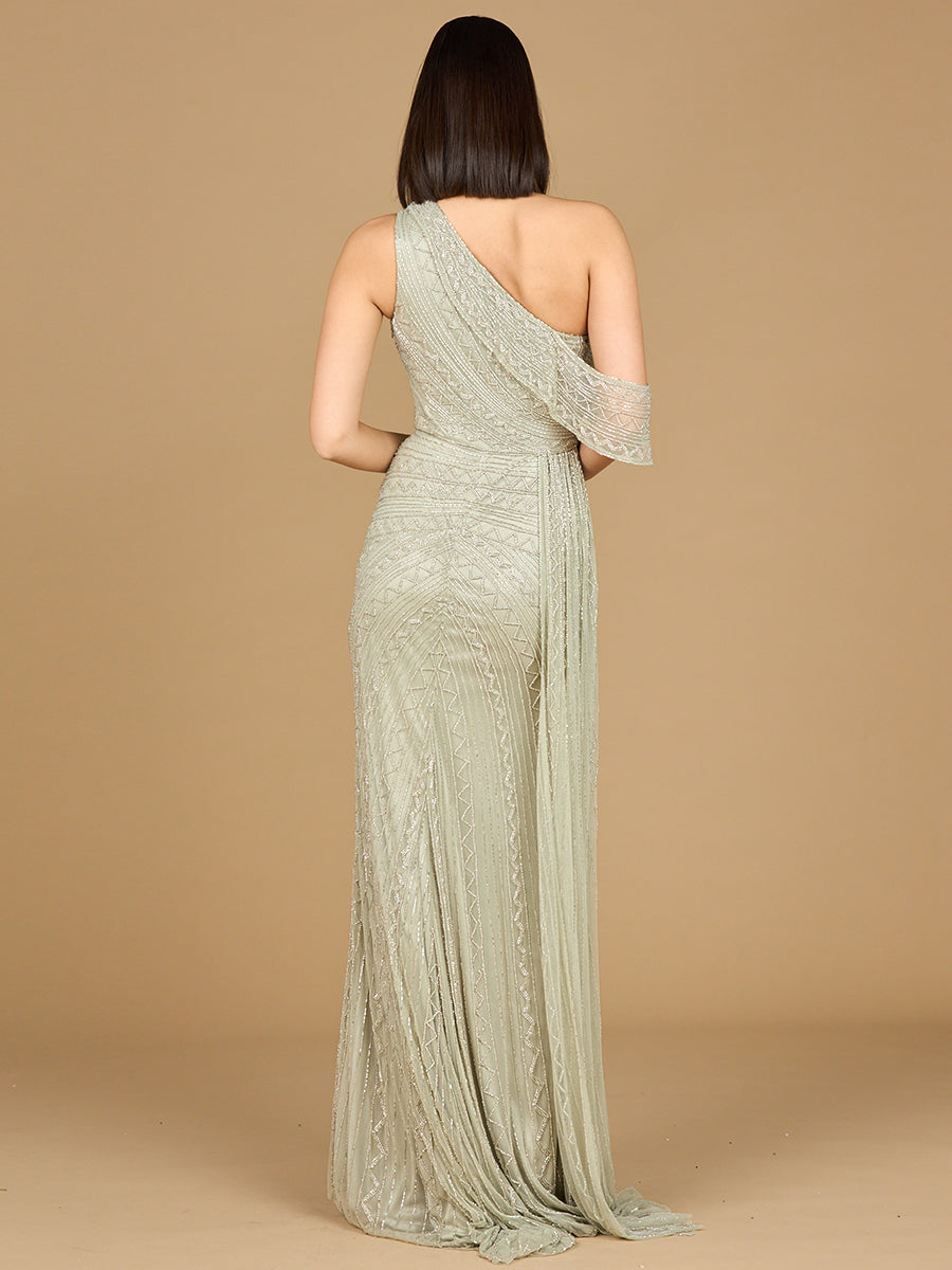 Beaded One Shoulder Dress with Train