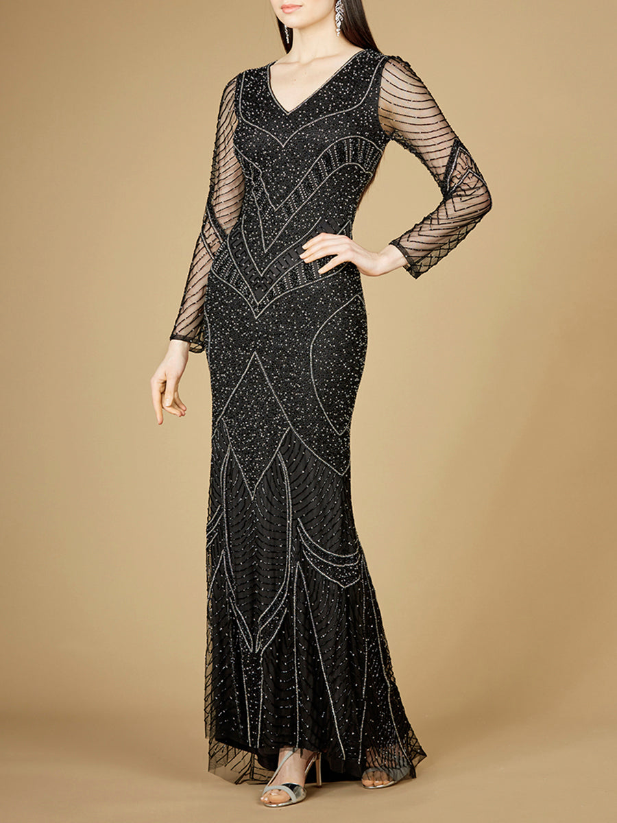 Long Sleeve Beaded Dresses with Sheer Sleeves