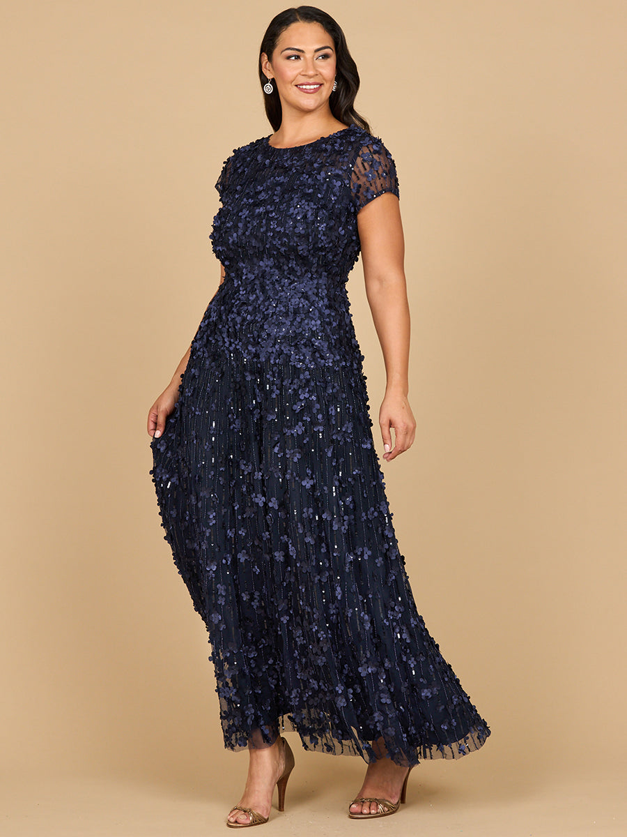 3D Floral Embellished Cap Sleeve Gown