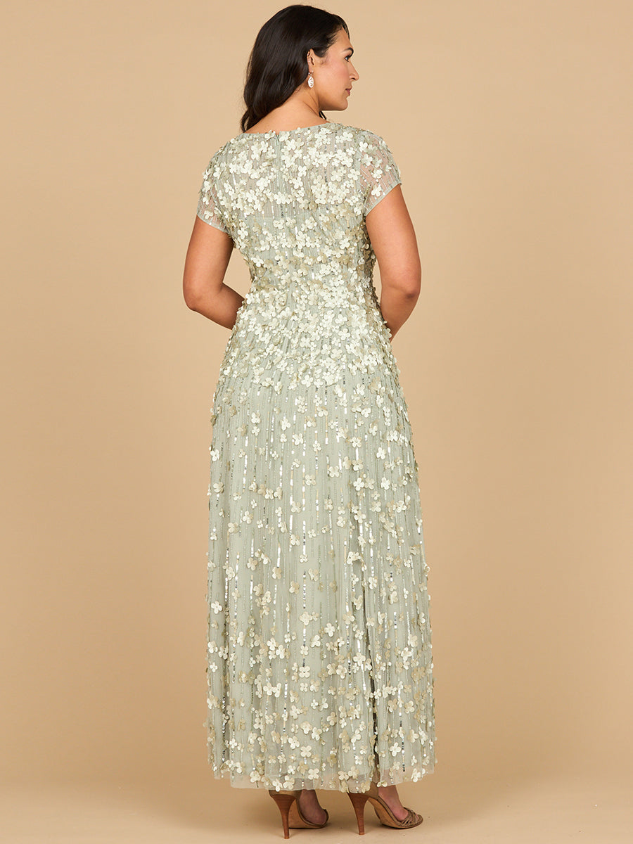 3D Floral Embellished Cap Sleeve Gown