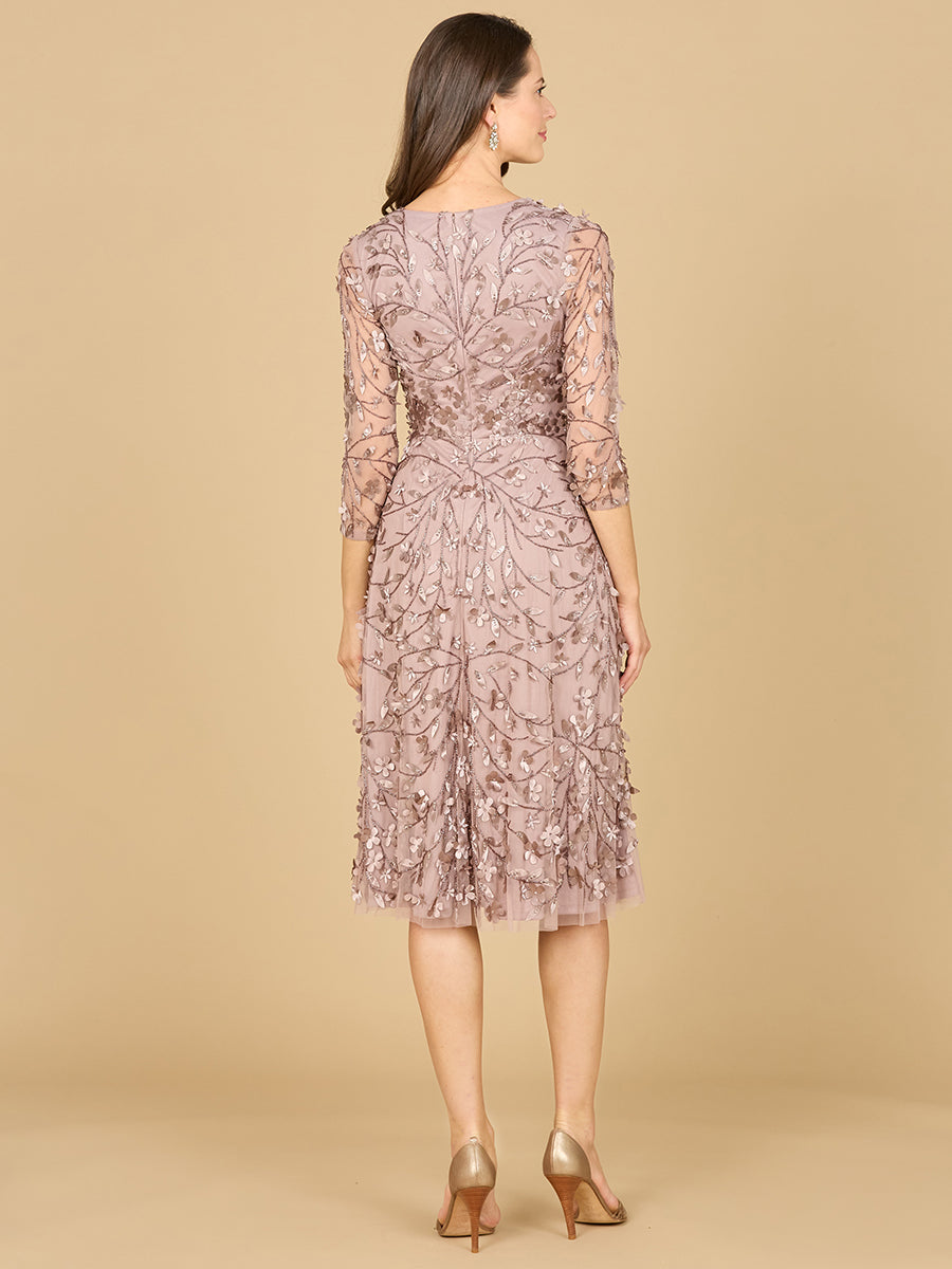 Flowing, 3D Embroidered Midi Dress with Sleeves