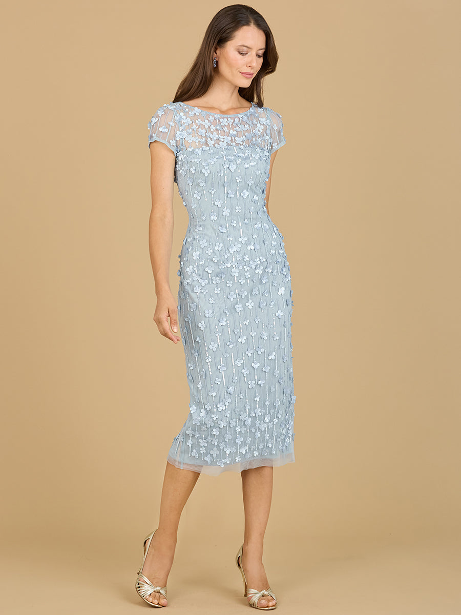 3D Applique Midi Dress with Cap Sleeves