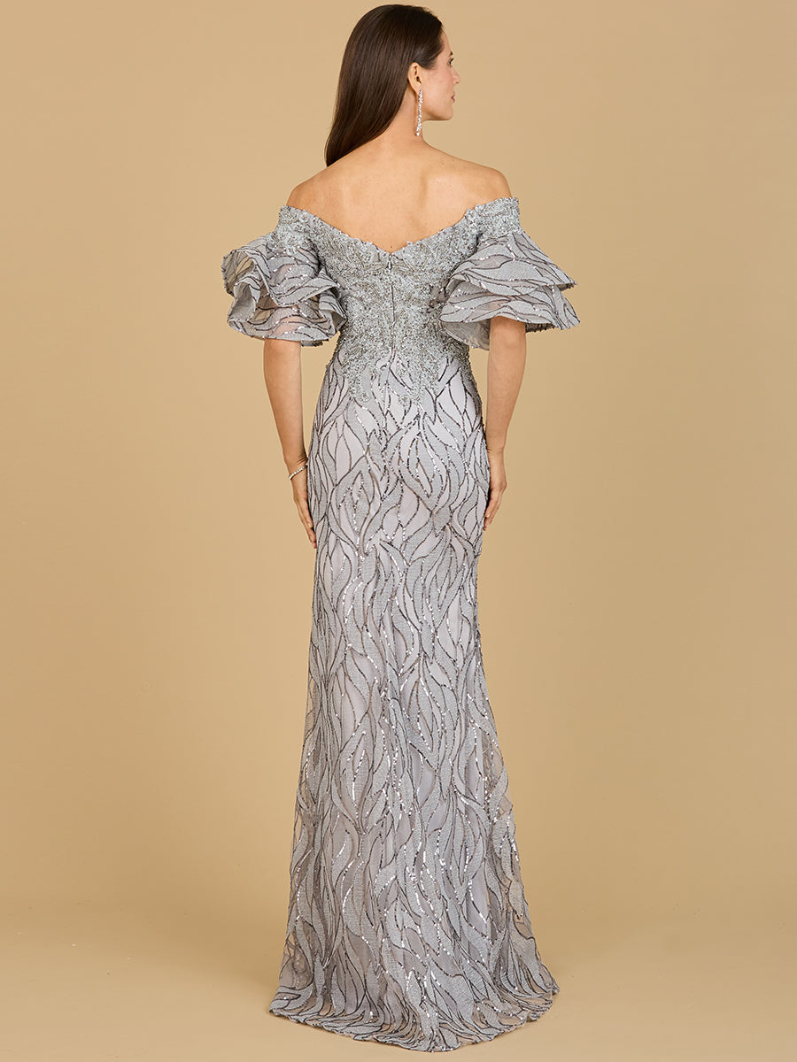 Off Shoulder Mermaid Beaded Gown with Tiered Sleeves