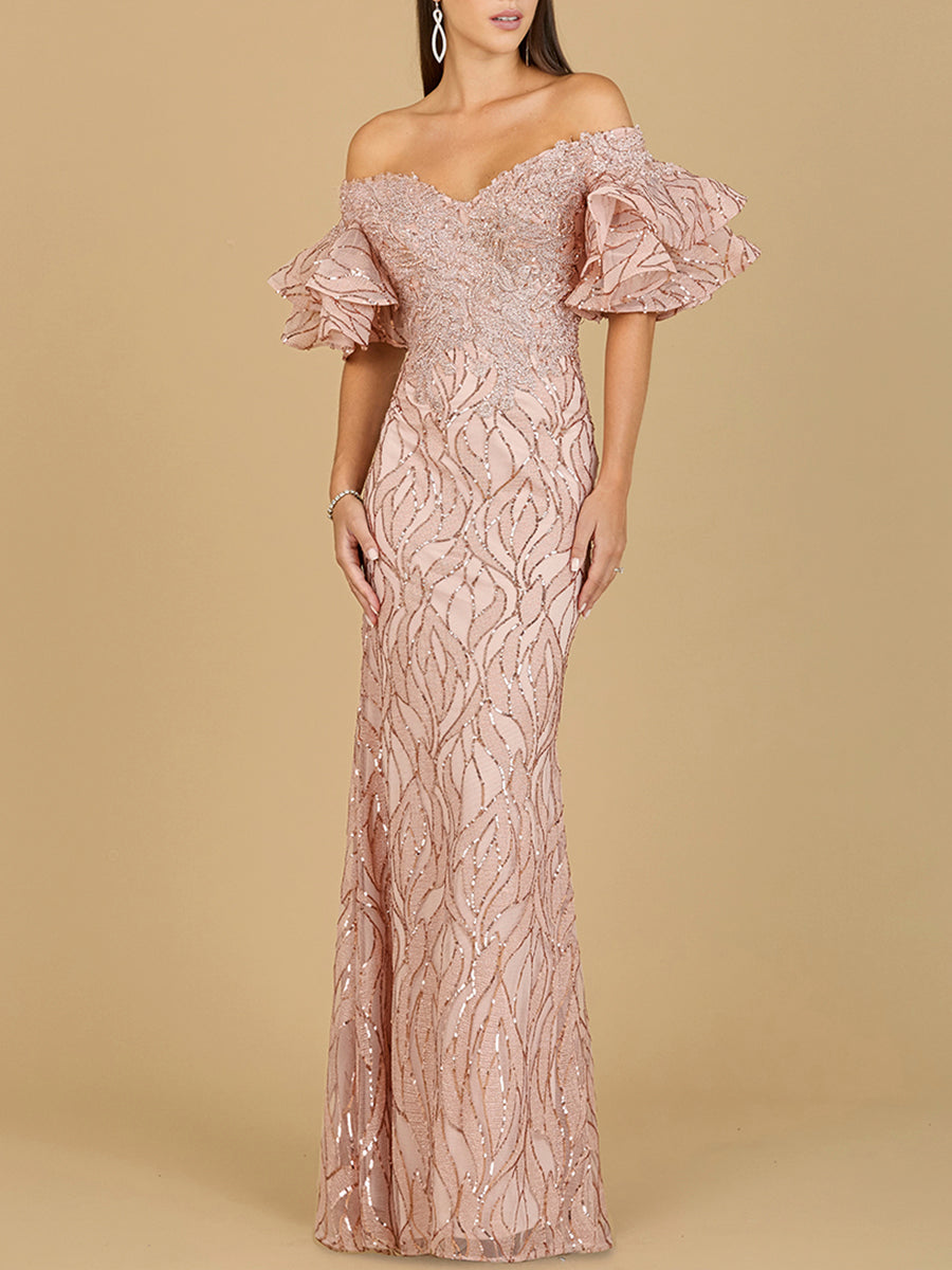 Off Shoulder Mermaid Beaded Gown with Tiered Sleeves