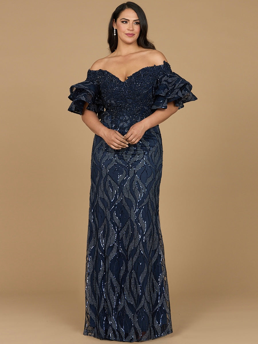 Off Shoulder Mermaid Beaded Gown with Tiered Sleeves