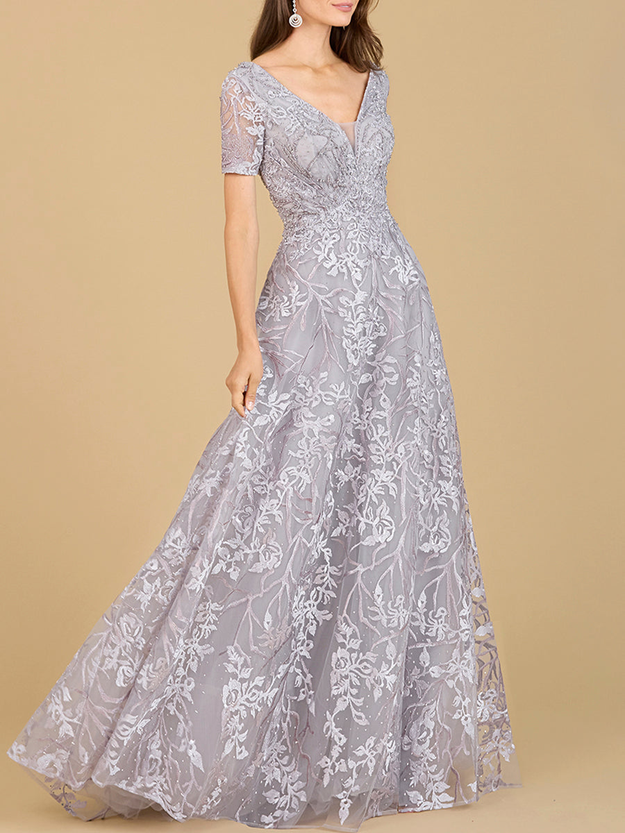 Short Sleeve Lace A-Line Dress with V-Neckline