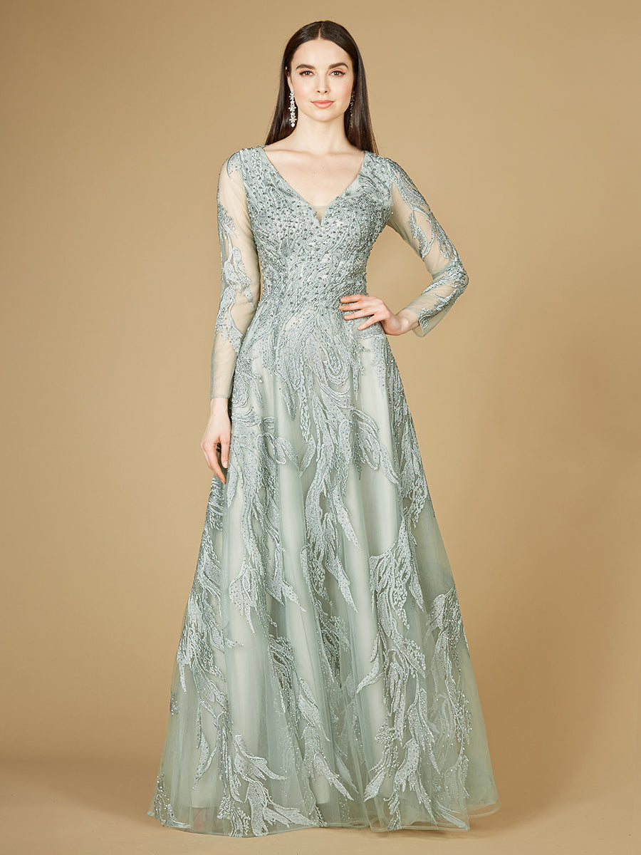 Long Sleeve Lace Ballgown with V-Neck