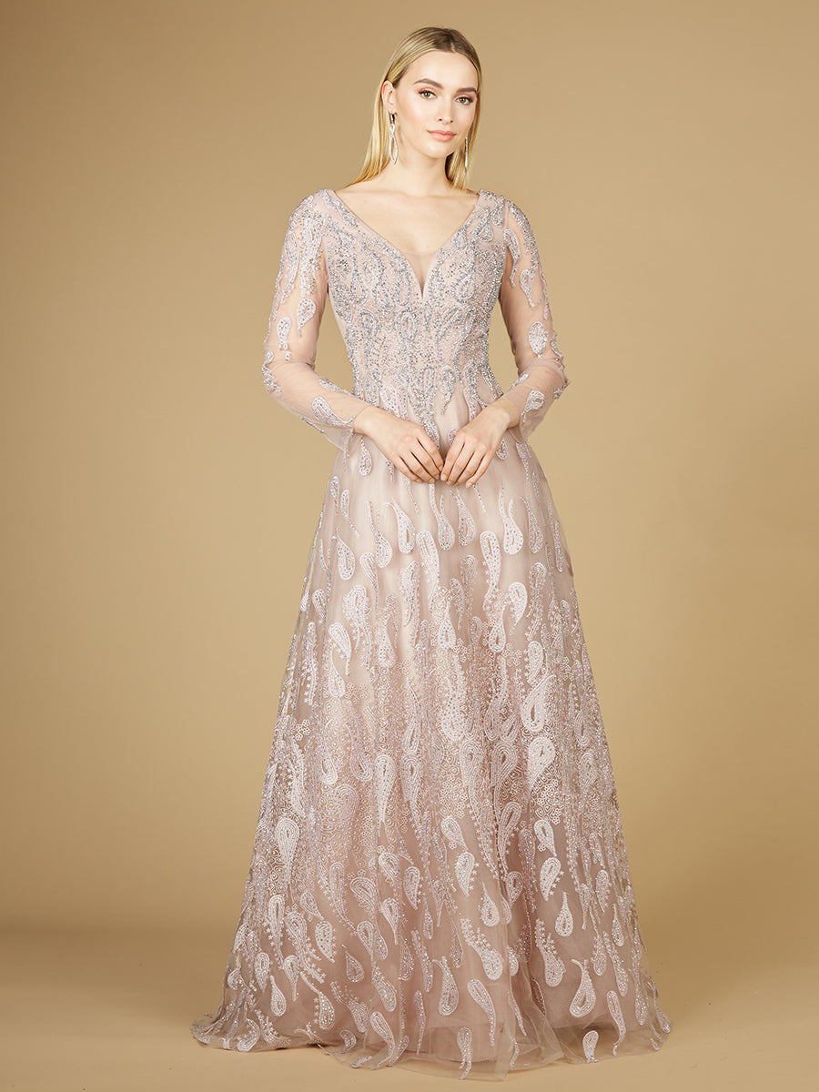 Long Sleeve V-Neck Ballgown - OUTLET