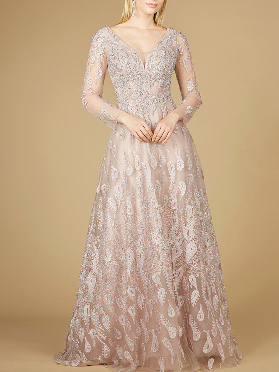 Long Sleeve V-Neck Ballgown - OUTLET