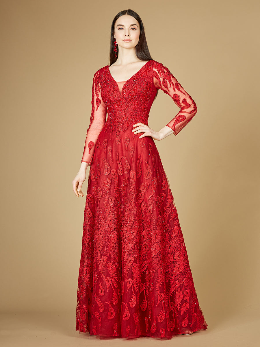 Long Sleeve V-Neck Ballgown - OUTLET
