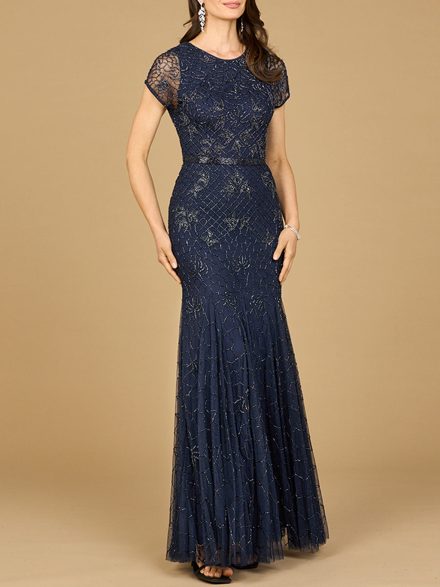 Beaded Mermaid Cap Sleeve Gown