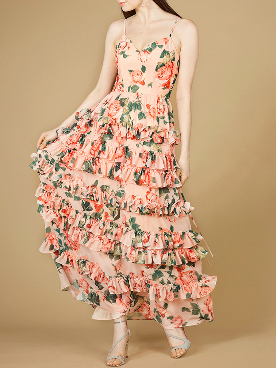 Ruffle Skirt Printed Gown with Spaghetti Straps - OUTLET