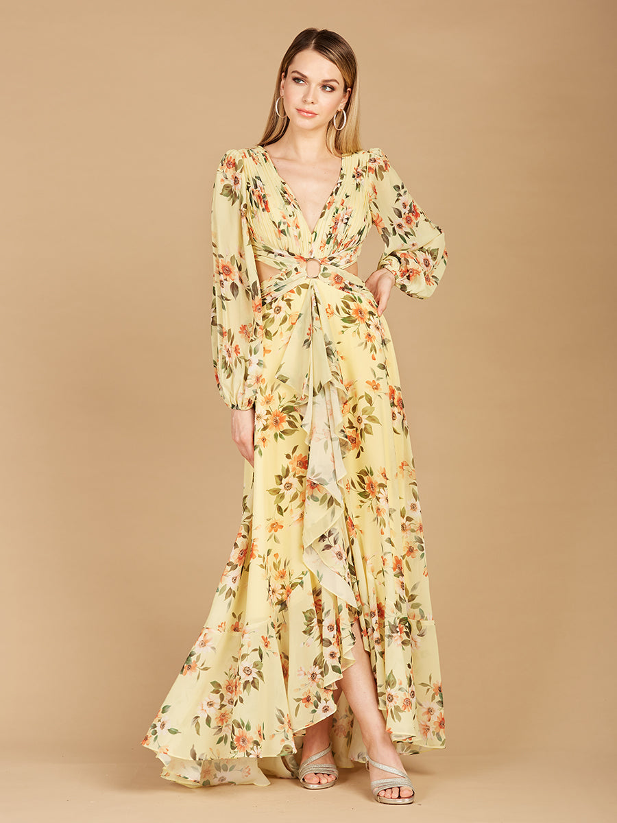 Long Sleeve V-Neck, Layered Skirt Print Dress- OUTLET