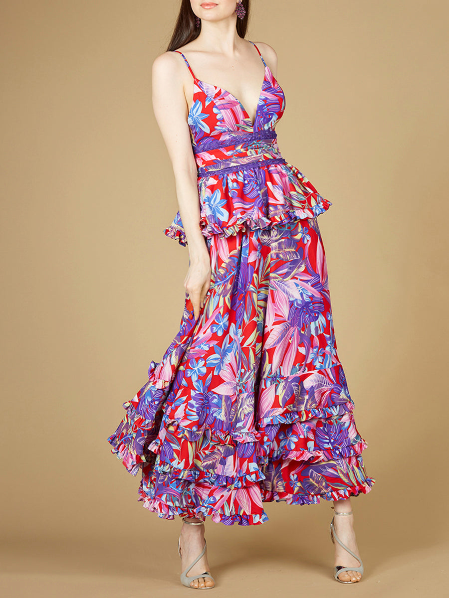 Ruffle Skirt Printed Gown - OUTLET