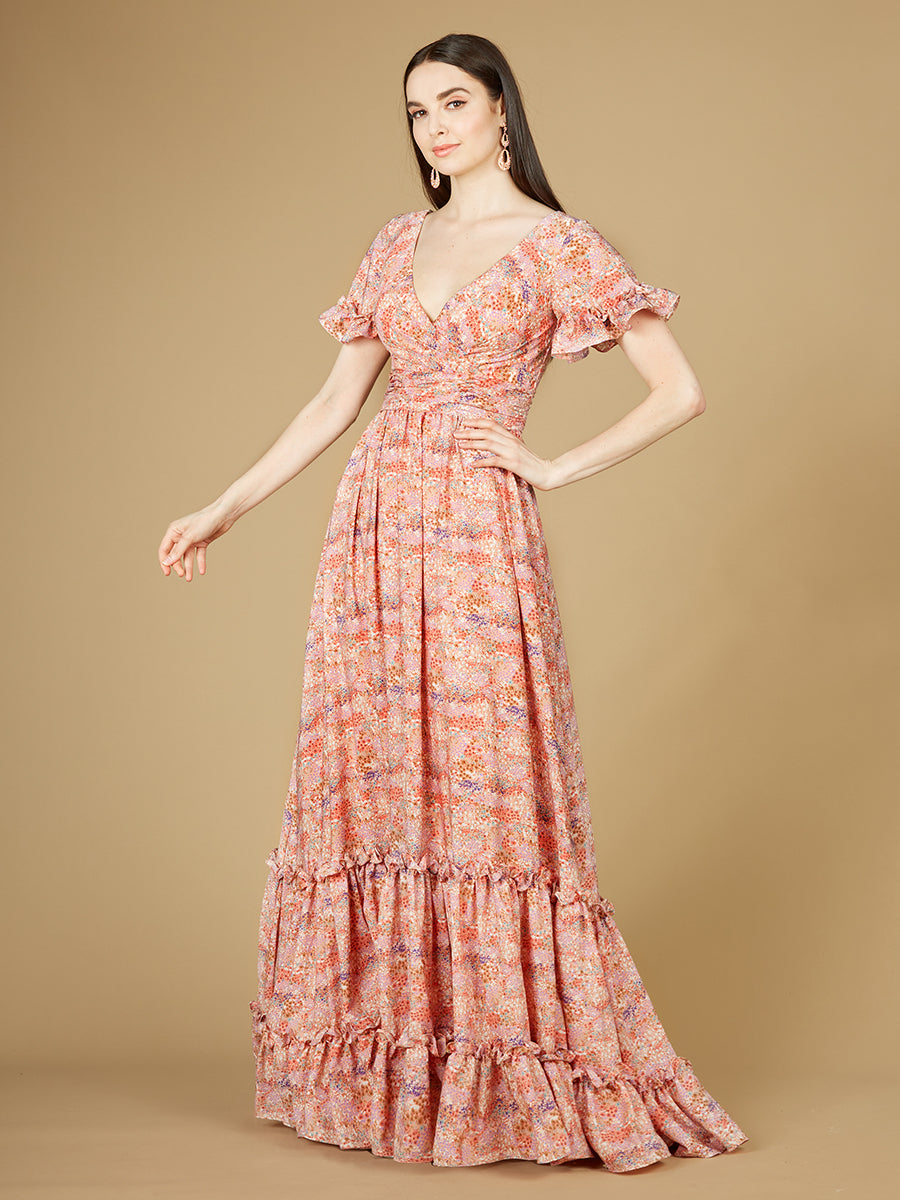 Long Print Gown with Cap Sleeves - OUTLET