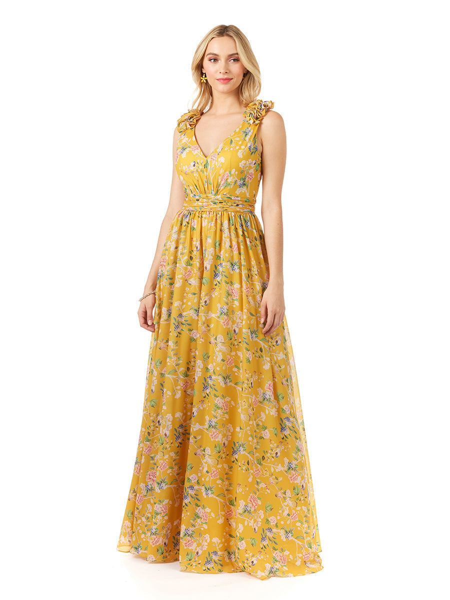 V-Neck Long Print Gown with Straps