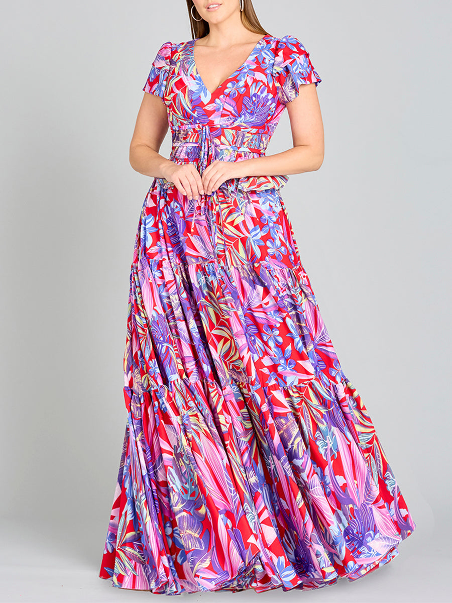 V-Neck Long Print Gown with Cap Sleeves - OUTLET