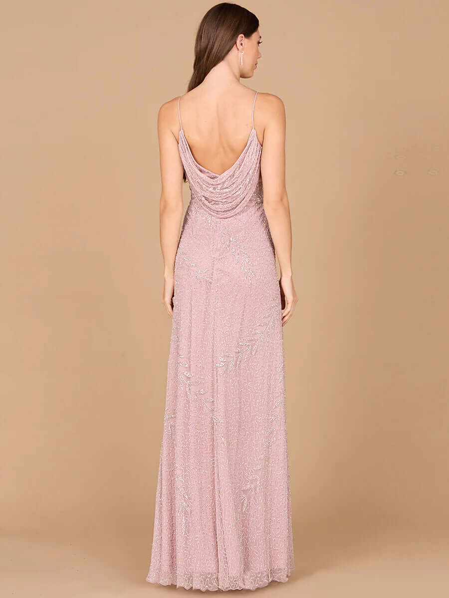 LARA 29282 Beaded Spaghetti Strap Full-Length Gown – Cowl Back Evening Dress