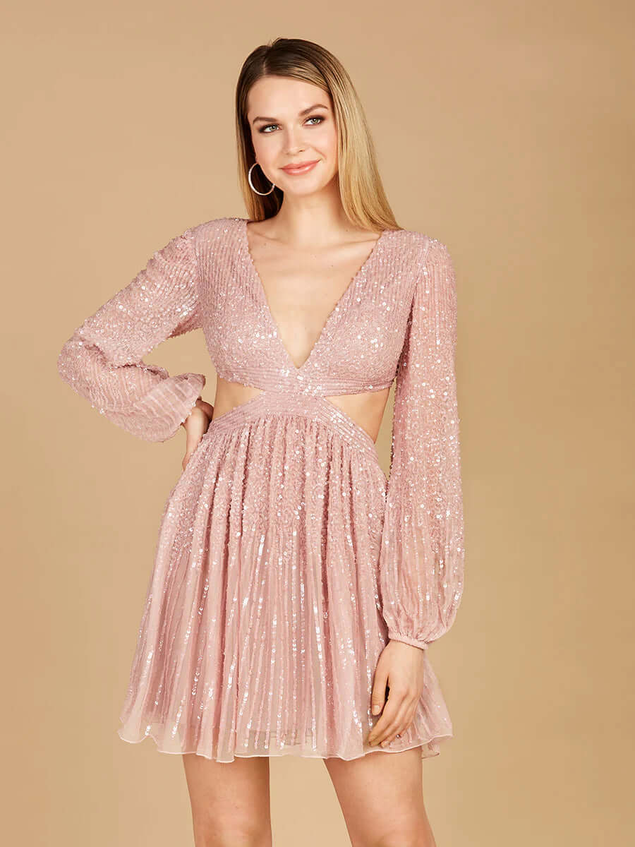 LARA 29288 Long‑Sleeve Cut‑Out Dress with Lace‑Up Back – Short-Length Party Dress