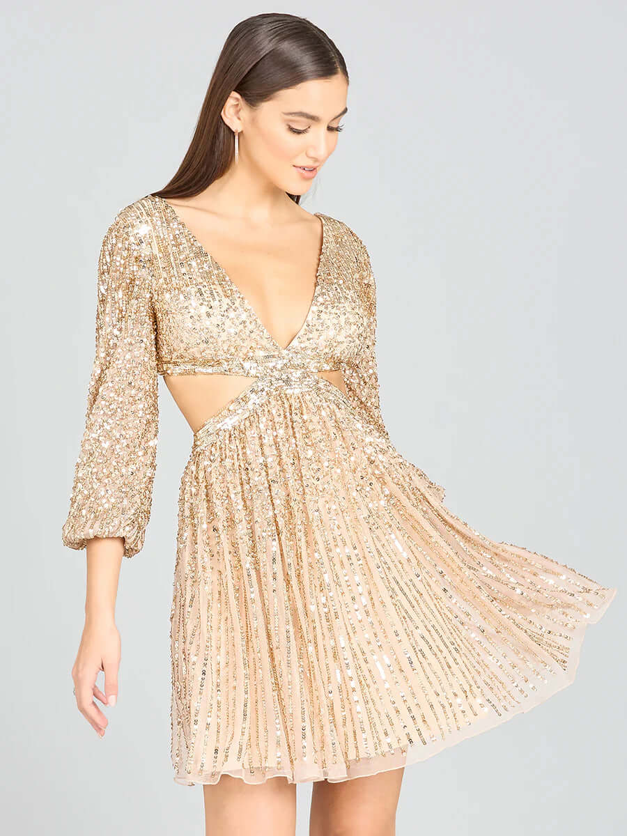 LARA 29288 Long‑Sleeve Cut‑Out Dress with Lace‑Up Back – Short-Length Party Dress