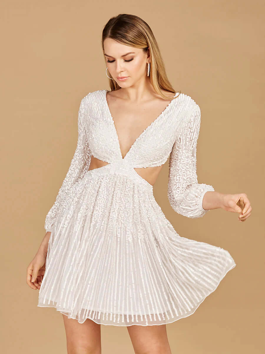 LARA 29288 Long‑Sleeve Cut‑Out Dress with Lace‑Up Back – Short-Length Party Dress