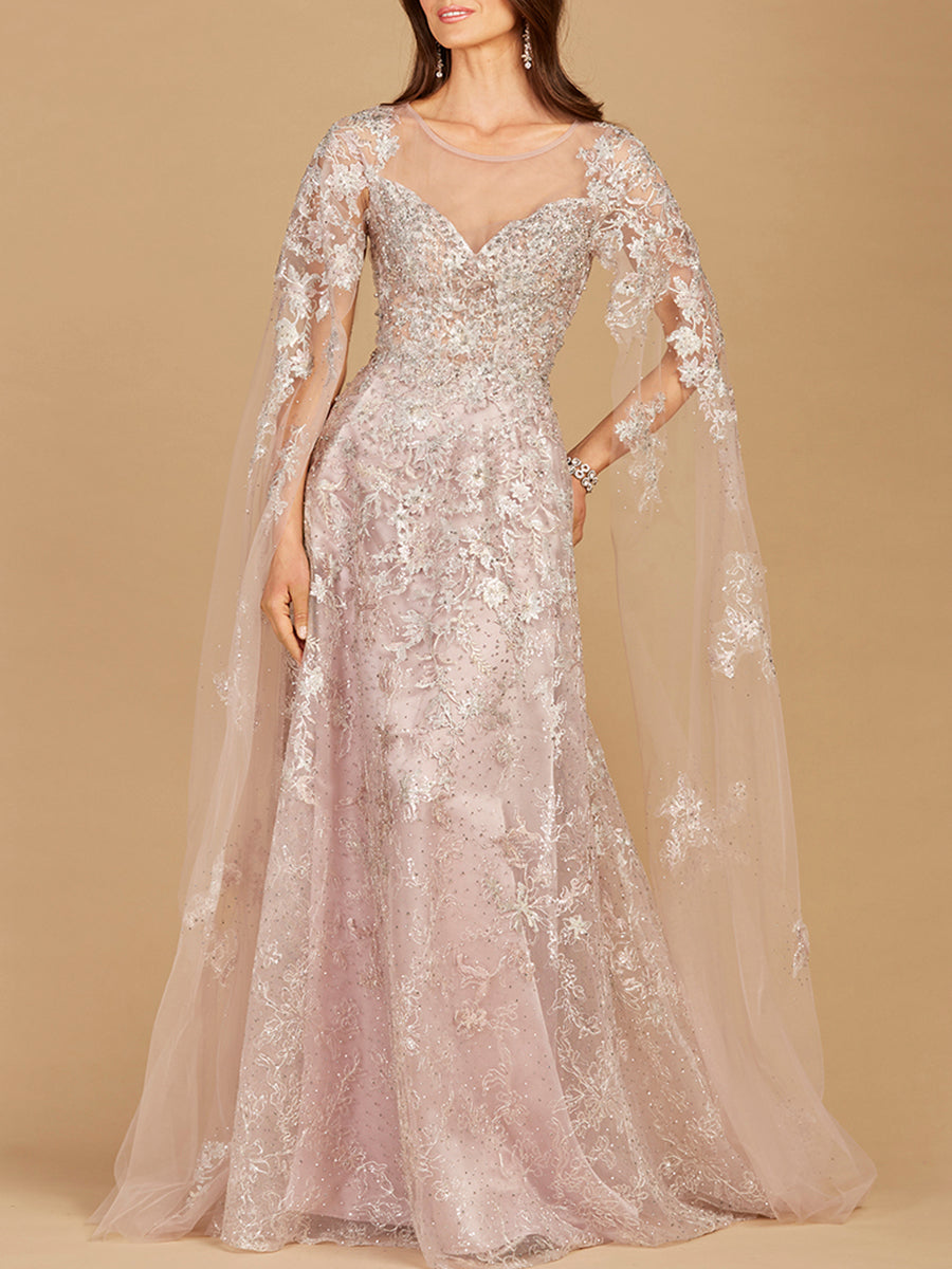 Lace Gown with Cape Sleeves, Sweetheart Neckline