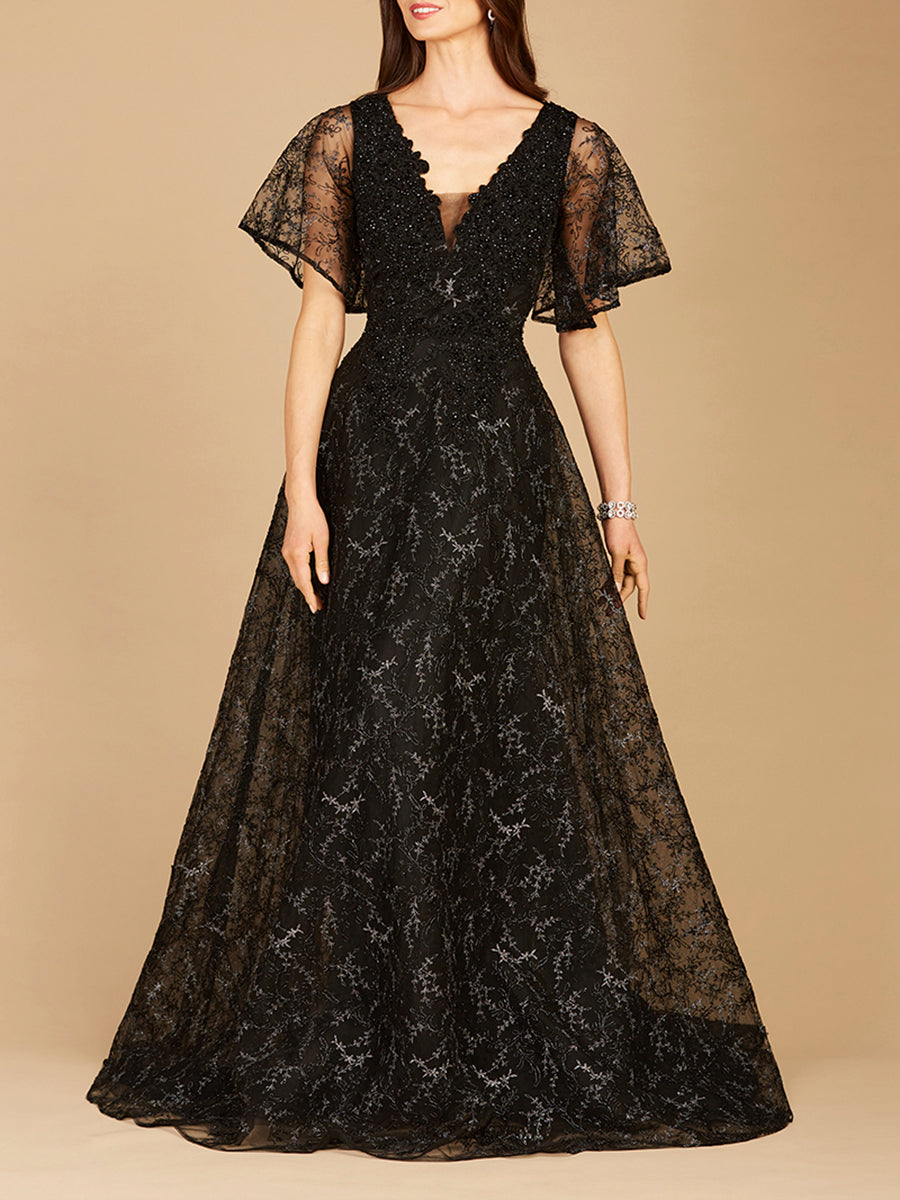 Cape Sleeve Beaded Gown in Black - OUTLET