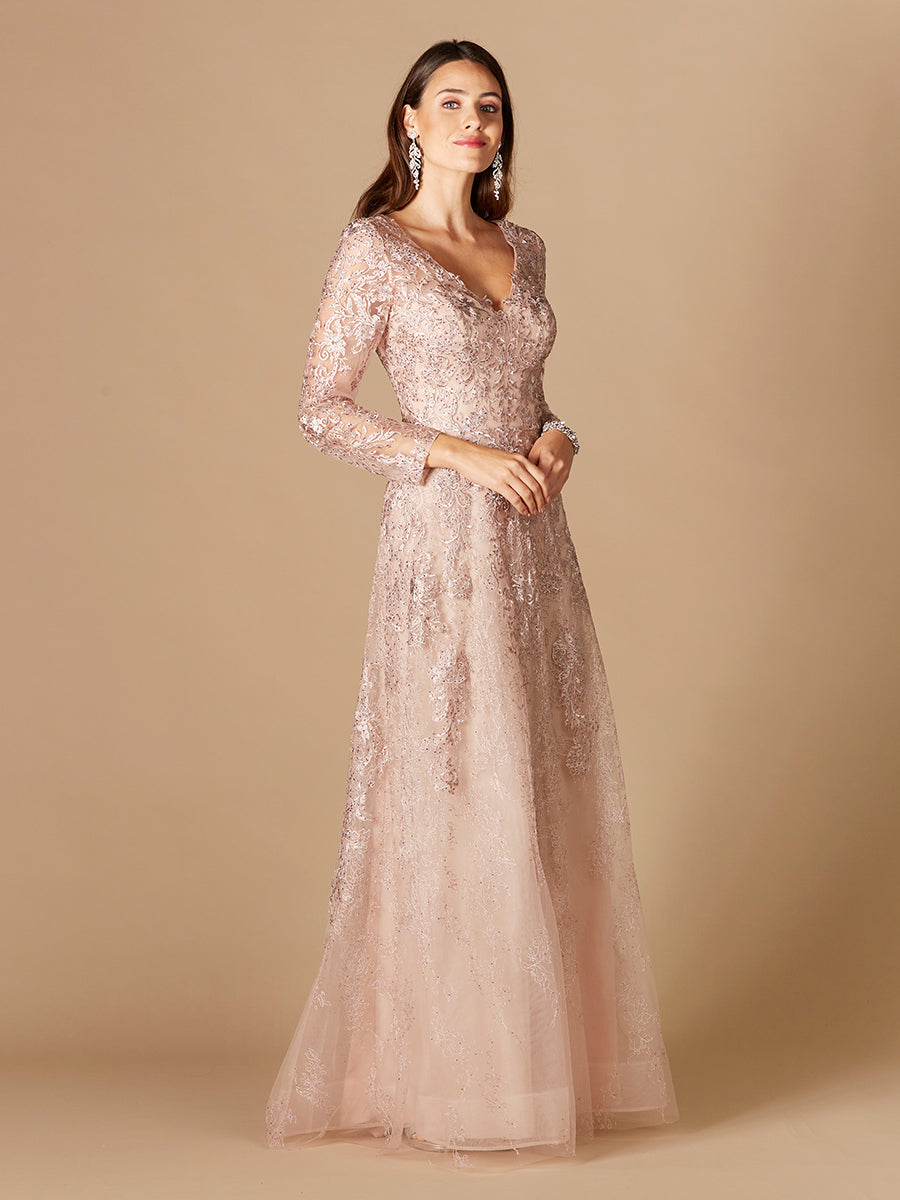 Long Sleeve V-Neck Lace Gown