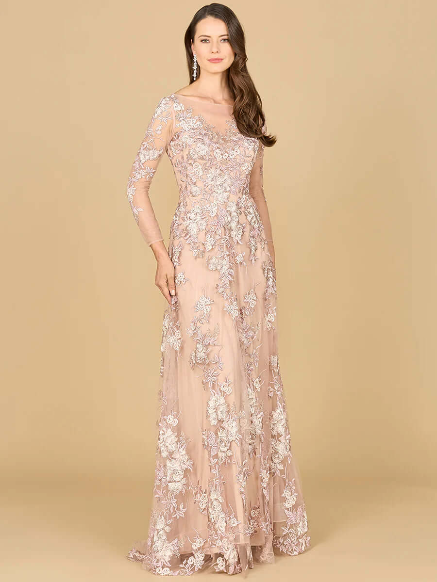 LARA 29327 Modest Long Sleeve Lace Gown – Elegant Full-Length Formal Dress