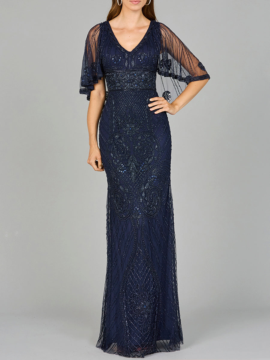 Cape Sleeve V-Neck Beaded Gown
