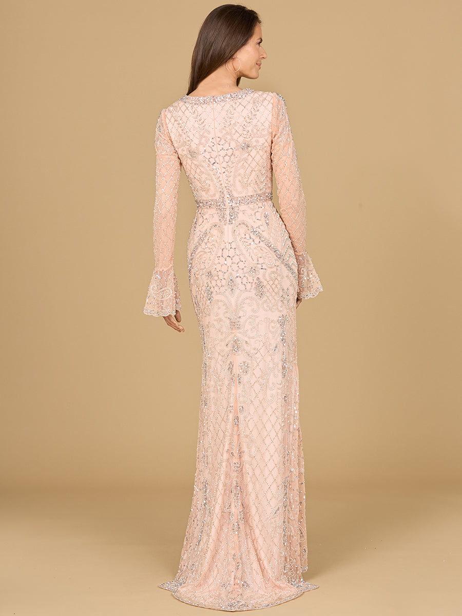Long Bell Sleeve V-Neck Beaded Gown