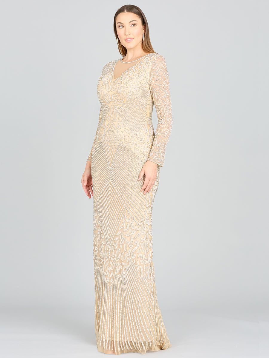 Fitted Long Sleeve Beaded Gown