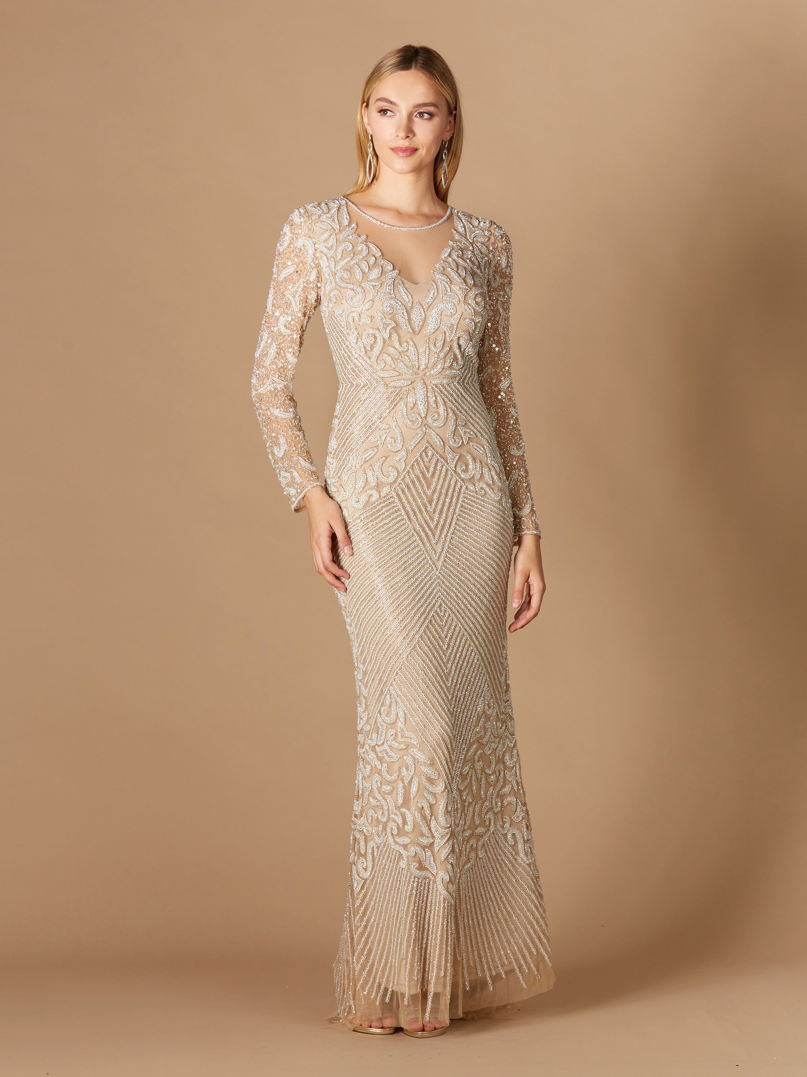 Fitted Long Sleeve Beaded Gown