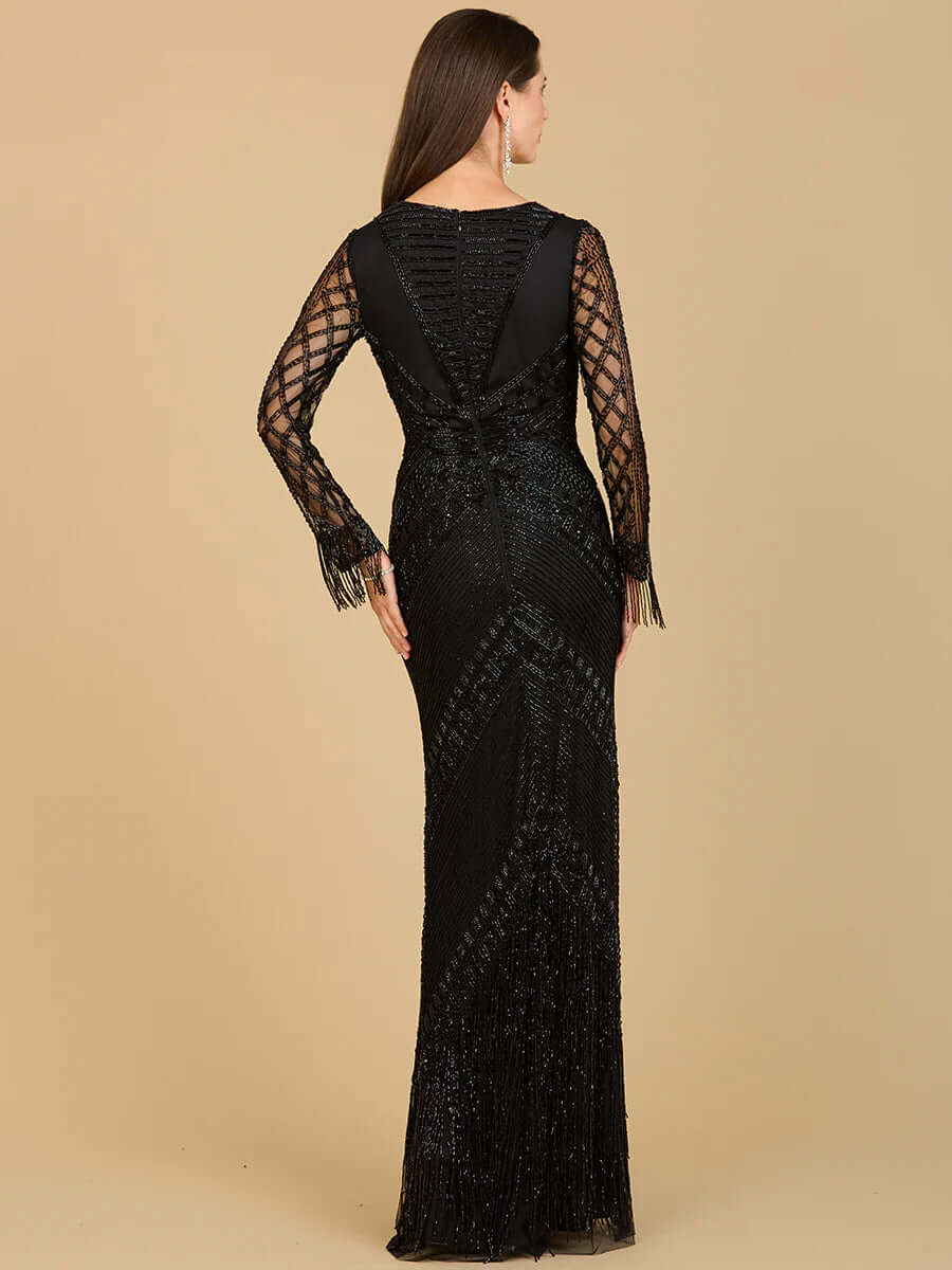 LARA 29364 Long Sleeve Fringe Cocktail Dress – Beaded Tulle Mini
