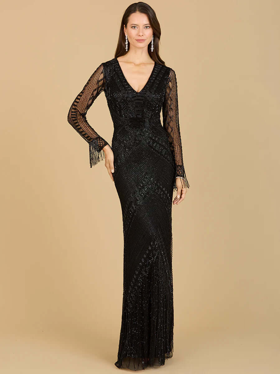 LARA 29364 Long Sleeve Fringe Cocktail Dress – Beaded Tulle Mini