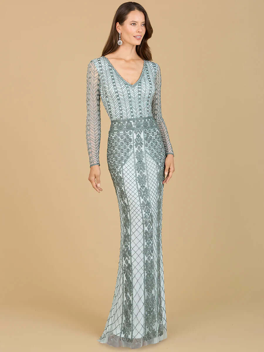LARA 29365 Long Sleeve Beaded Formal Gown – Full-Length Elegant Evening Dress