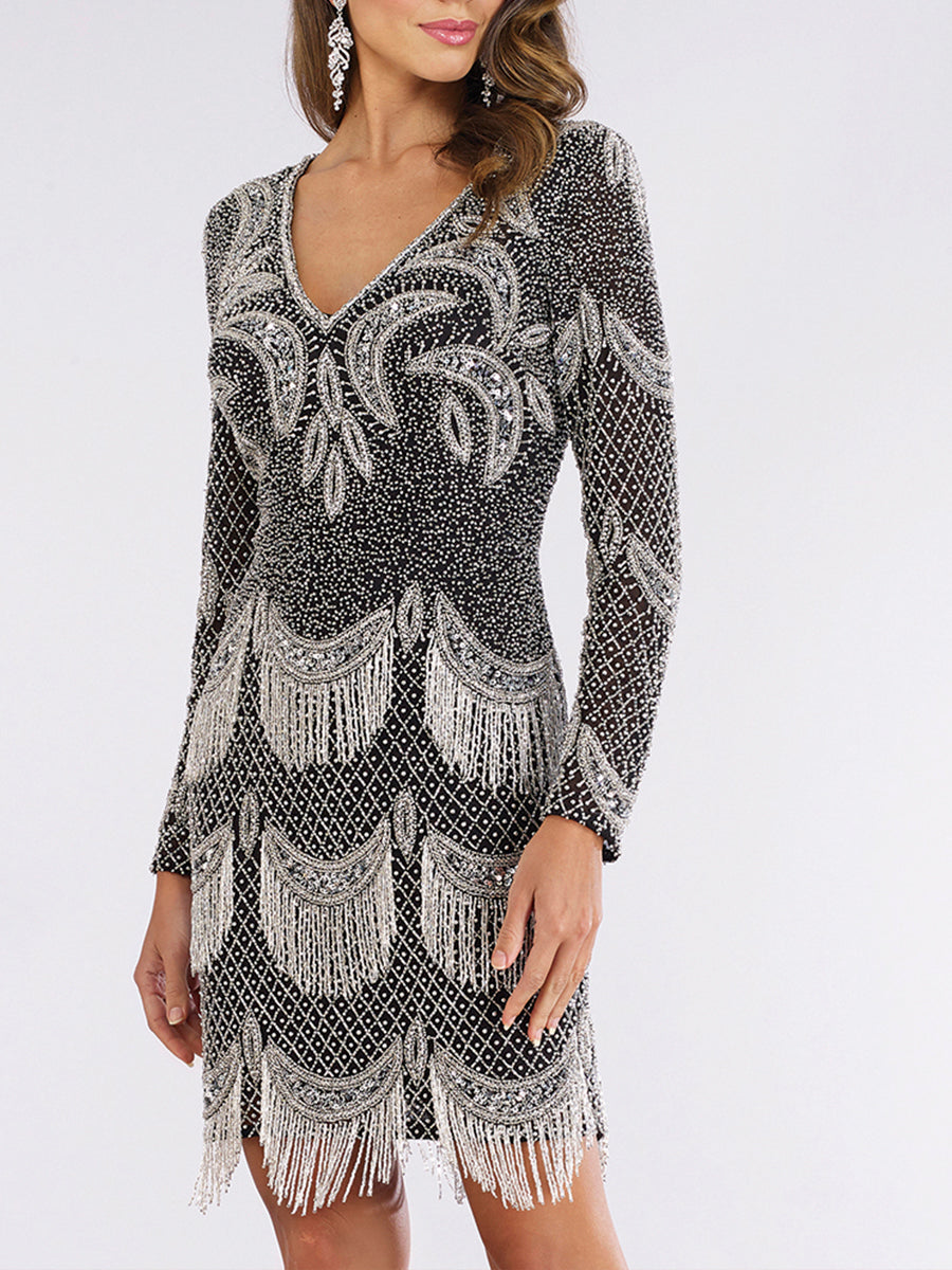 Lara 29377 - Long Sleeve Beaded V-Neck Fringe Cocktail Dress