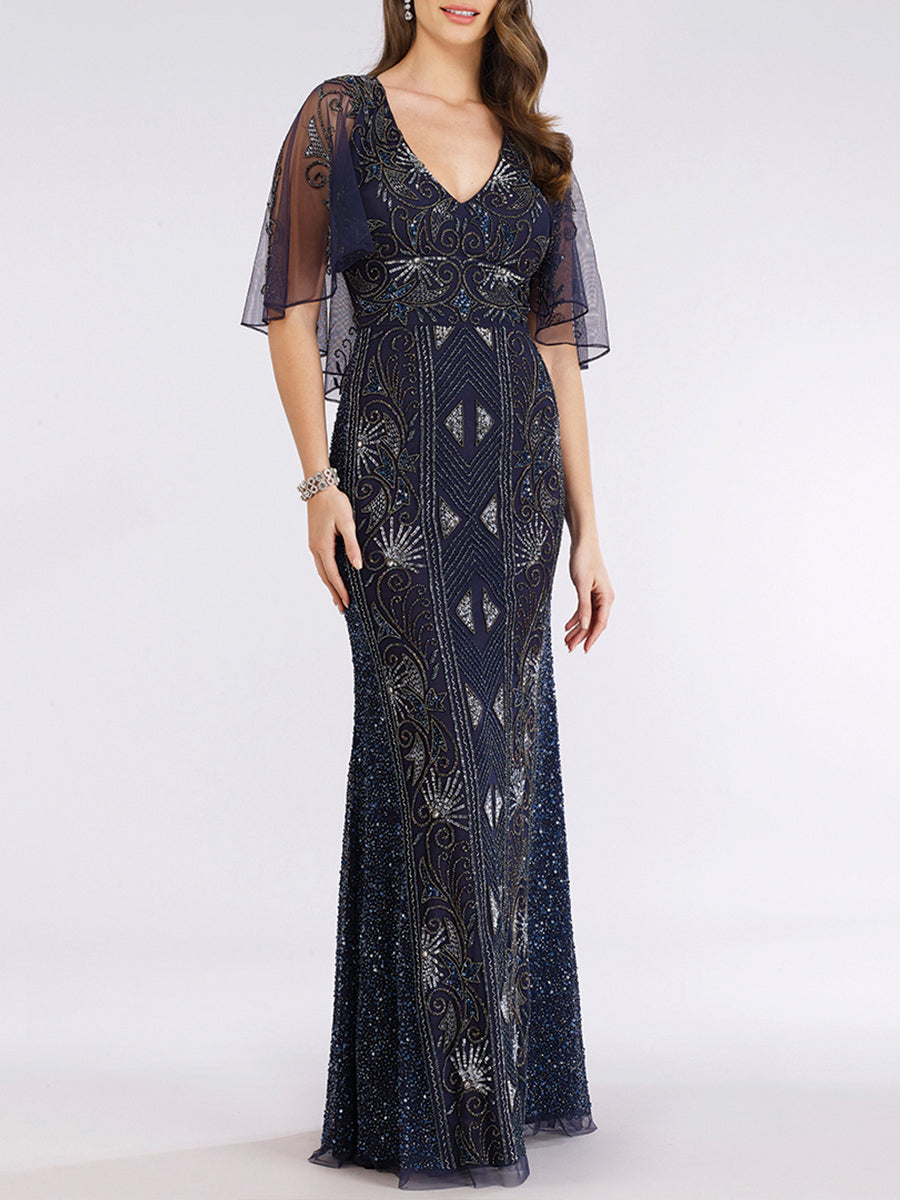 Lara 29393 - Cape Sleeve Beaded Gown