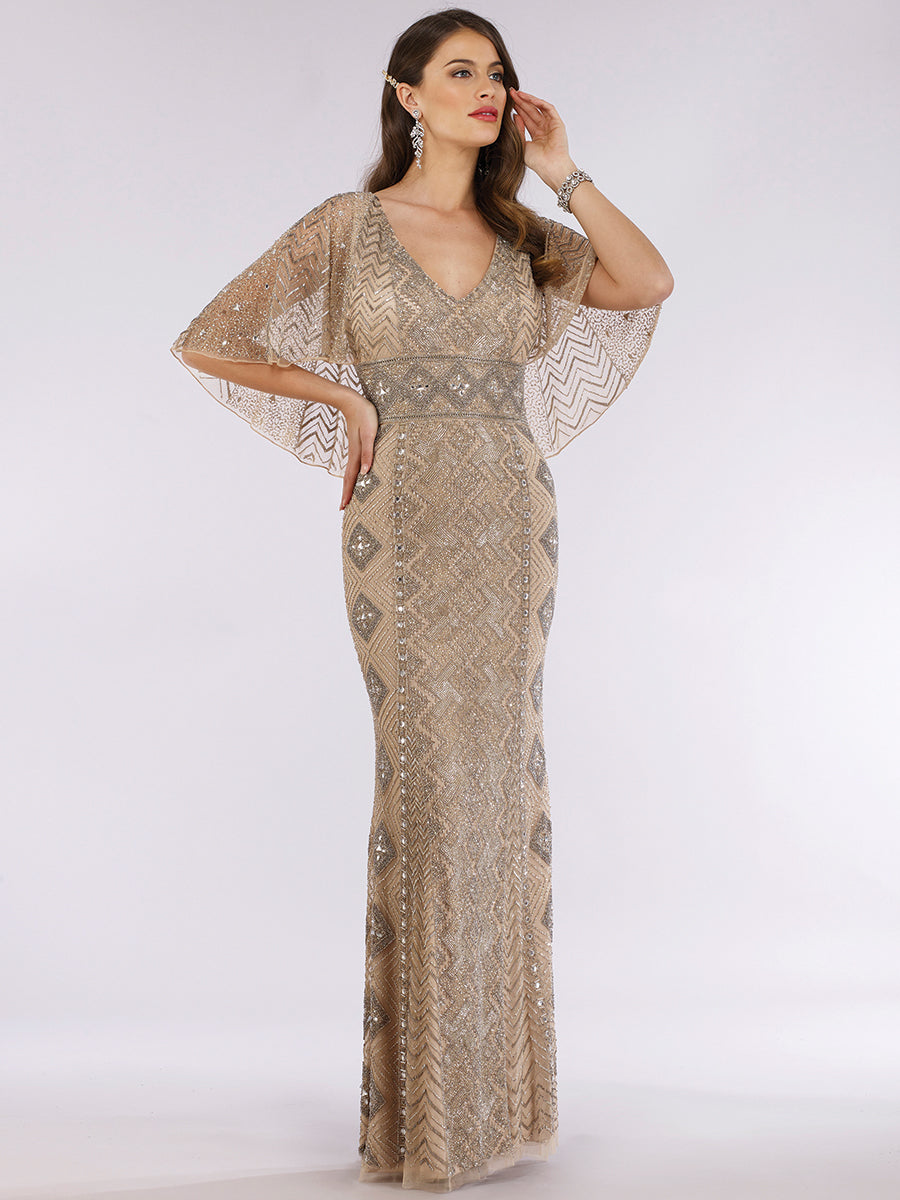 Lara 29397 - Cape Sleeve V-Neck Beaded Gown - OUTLET