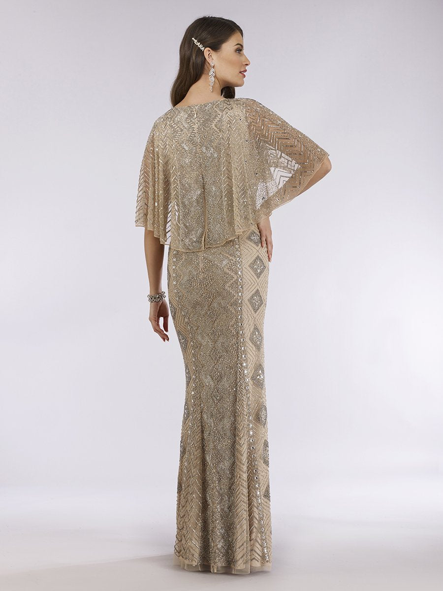 Lara 29397 - Cape Sleeve V-Neck Beaded Gown - OUTLET