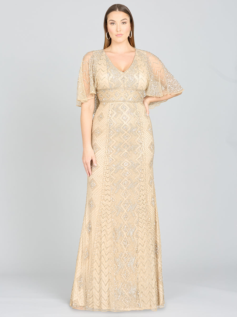 Lara 29397 - Cape Sleeve V-Neck Beaded Gown - OUTLET
