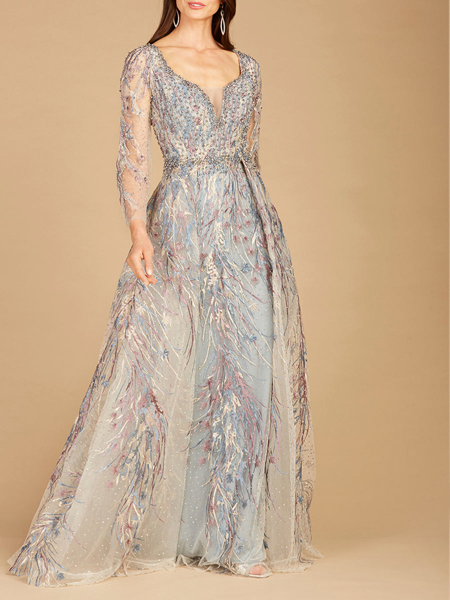 Long Sleeve Lace Gown with Overskirt