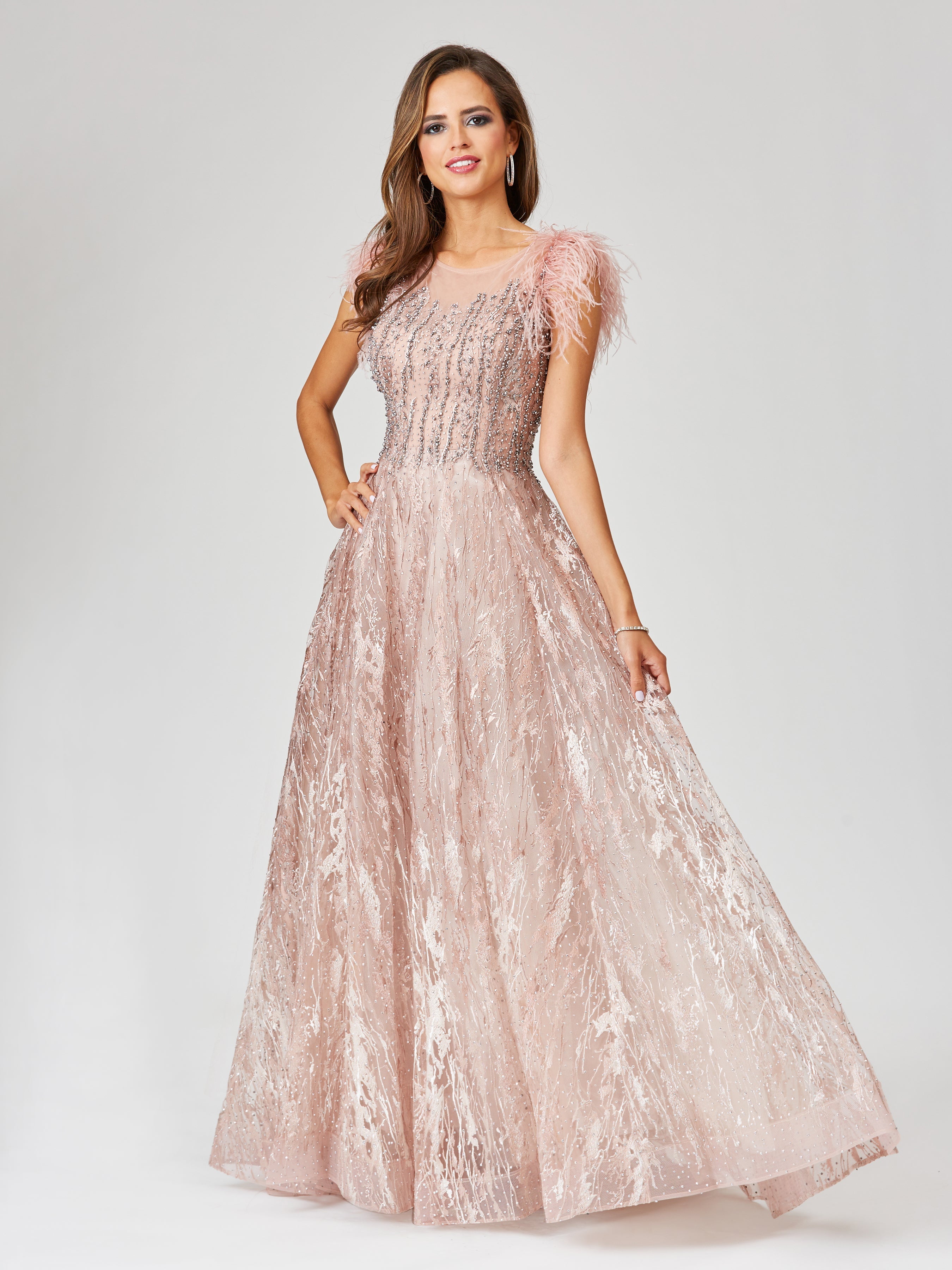 Lace ballgown with Feather Cap Sleeves